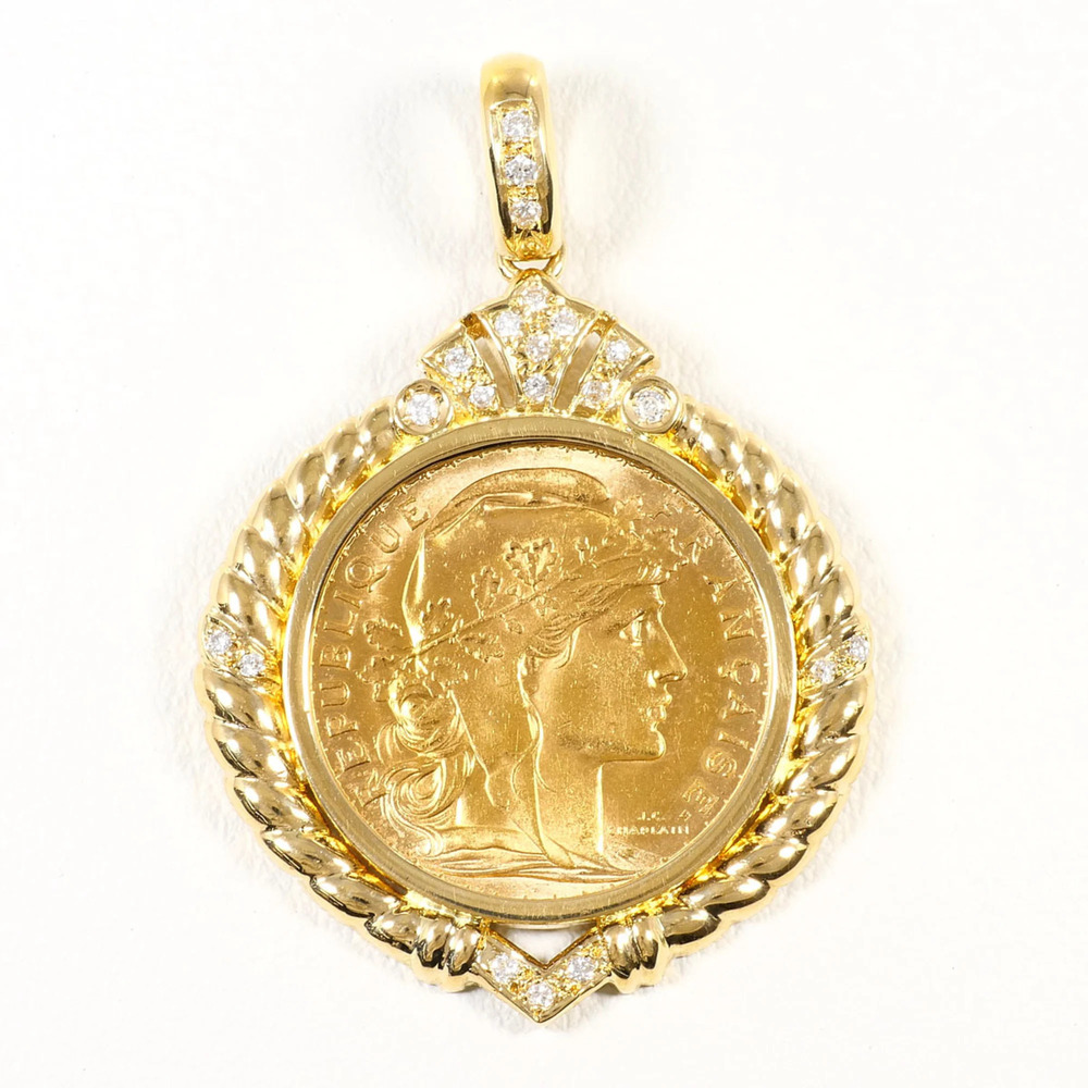 Marianne, France. 20 Francs. 18K Yellow Gold (K21.6K). Diamond pendant top wi...
